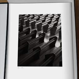Art and collection photography Denis Olivier, Benches, Protestant Church, Royan, France. July 2004. Ref-11631 - Denis Olivier Photography, original photographic print in limited edition and signed, framed under cardboard mat