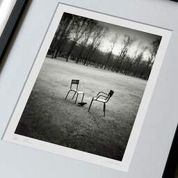 Art and collection photography Denis Olivier, Bird And Chairs, Tuileries Garden, Paris, France. February 2023. Ref-11670 - Denis Olivier Art Photography, large original 9 x 9 inches fine-art photograph print in limited edition, framed and signed