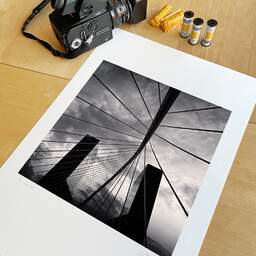 Art and collection photography Denis Olivier, Bridge And Buildings, Bilbao, Spain. February 2022. Ref-11532 - Denis Olivier Photography, original 15.7 x 15.7 inches fine-art photograph print in limited edition and signed, medium-format Hasselblad 500 C/M camera