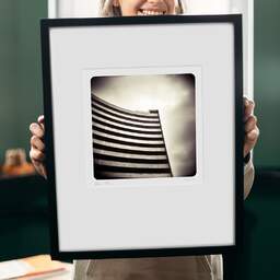 Art and collection photography Denis Olivier, Building Of Secrecy, Etude 3, L'Escala, Spain. September 2007. Ref-1114 - Denis Olivier Photography, original 9 x 9 inches fine-art photograph print in limited edition and signed hold by a galerist woman