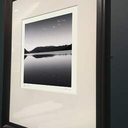 Art and collection photography Denis Olivier, Calm At Dusk, Etude 1, Lake Tikitapu, Bay Of Plenty, New Zealand. July 2018. Ref-11442 - Denis Olivier Photography, brown wood old frame on dark gray background