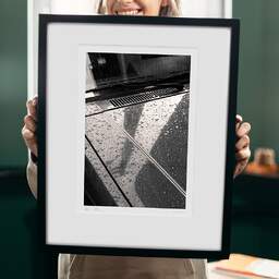 Art and collection photography Denis Olivier, Car, Poitiers, France. January 1990. Ref-95 - Denis Olivier Photography, original 9 x 9 inches fine-art photograph print in limited edition and signed hold by a galerist woman