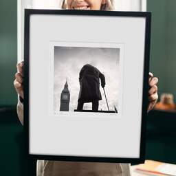 Art and collection photography Denis Olivier, Churchill Statue, London, England. August 2022. Ref-11583 - Denis Olivier Art Photography, original 9 x 9 inches fine-art photograph print in limited edition and signed hold by a galerist woman