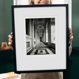 Art and collection photography Denis Olivier, Colbert Alley, Palais Du Louvre, Paris, France. April 2023. Ref-11682 - Denis Olivier Art Photography, original 9 x 9 inches fine-art photograph print in limited edition and signed hold by a galerist woman