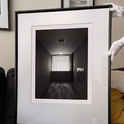 Art and collection photography Denis Olivier, Daiwa Roynet Hotel, Kyoto Shijo Karasuma, Japan. July 2014. Ref-11639 - Denis Olivier Photography, large original 9 x 9 inches fine-art photograph print in limited edition and signed hold by a galerist woman