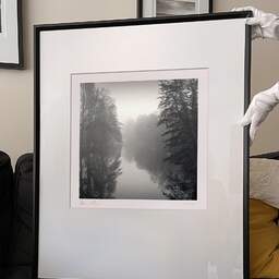Art and collection photography Denis Olivier, Dawn On Clain River, Poitiers, France. December 1989. Ref-911 - Denis Olivier Photography, large original 9 x 9 inches fine-art photograph print in limited edition and signed hold by a galerist woman