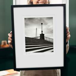 Art and collection photography Denis Olivier, Debilly Stairs, Paris, France. February 2023. Ref-11657 - Denis Olivier Photography, original 9 x 9 inches fine-art photograph print in limited edition and signed hold by a galerist woman