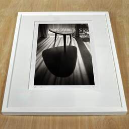 Art and collection photography Denis Olivier, End Table In The Morning Sun, Hôtel Les Bains D'Arguin, Arcachon. June 2020. Ref-1349 - Denis Olivier Art Photography, white frame on a wooden table