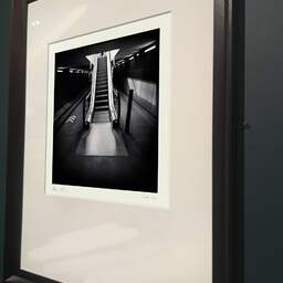 Art and collection photography Denis Olivier, Escalator, Saint-Jean Train Station, France. April 2021. Ref-11505 - Denis Olivier Photography, brown wood old frame on dark gray background