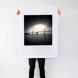 Art and collection photography Denis Olivier, Foggy Bay Bridge, San Francisco, United-States. February 2010. Ref-1236 - Denis Olivier Art Photography, Large original photographic art print in limited edition and signed tenu par un homme