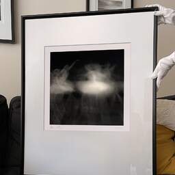 Art and collection photography Denis Olivier, Ghost Opera, Etude 14, The Swan Lake, Berlin, Germany. April 1998. Ref-864 - Denis Olivier Art Photography, large original 9 x 9 inches fine-art photograph print in limited edition and signed hold by a galerist woman