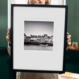 Art and collection photography Denis Olivier, Houses On The Dock, Le Croisic, France. April 2022. Ref-11557 - Denis Olivier Photography, original 9 x 9 inches fine-art photograph print in limited edition and signed hold by a galerist woman