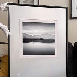 Art and collection photography Denis Olivier, Lonely Tree, Eilean Thioram, Highlands, Scotland. August 2022. Ref-11596 - Denis Olivier Photography, large original 9 x 9 inches fine-art photograph print in limited edition and signed hold by a galerist woman