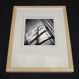 Art and collection photography Denis Olivier, Masts And Ropes, Etude 1, Belem Ship, France. June 2022. Ref-11551 - Denis Olivier Photography, light wood frame on dark background