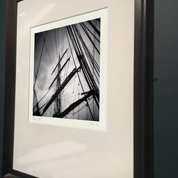 Art and collection photography Denis Olivier, Masts And Ropes, Etude 1, Belem Ship, France. June 2022. Ref-11551 - Denis Olivier Art Photography, brown wood old frame on dark gray background