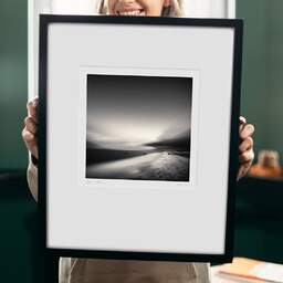 Art and collection photography Denis Olivier, Mediterranean Dusk, Marseillan Beach, France. August 2006. Ref-1063 - Denis Olivier Photography, original 9 x 9 inches fine-art photograph print in limited edition and signed hold by a galerist woman