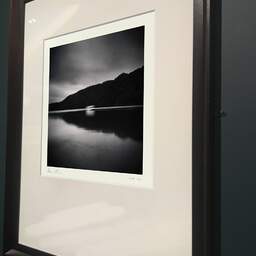 Art and collection photography Denis Olivier, Moving Boat, Lake Okataina, New Zealand. July 2018. Ref-1318 - Denis Olivier Art Photography, brown wood old frame on dark gray background
