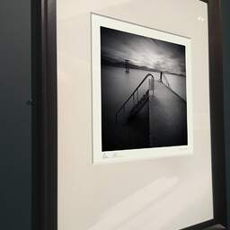 Art and collection photography Denis Olivier, Pier And Diving Tower, Geneva Lake, Switzerland. August 2014. Ref-1293 - Denis Olivier Art Photography, brown wood old frame on dark gray background