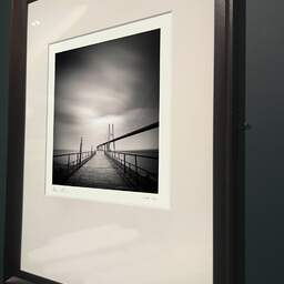 Art and collection photography Denis Olivier, Pier And Vasco Da Gama Bridge, Lisbon, Portugal. May 2007. Ref-1084 - Denis Olivier Photography, brown wood old frame on dark gray background