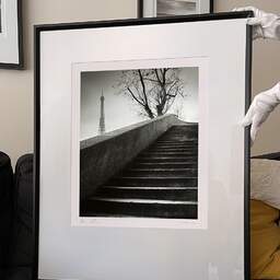 Art and collection photography Denis Olivier, Quay Stairs, Etude 1, Port Debilly, Paris, France. February 2023. Ref-11658 - Denis Olivier Photography, large original 9 x 9 inches fine-art photograph print in limited edition and signed hold by a galerist woman