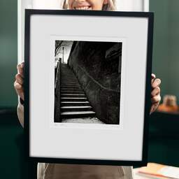 Art and collection photography Denis Olivier, Quay Stairs, Etude 2, Port Debilly, Paris, France. February 2023. Ref-11664 - Denis Olivier Art Photography, original 9 x 9 inches fine-art photograph print in limited edition and signed hold by a galerist woman