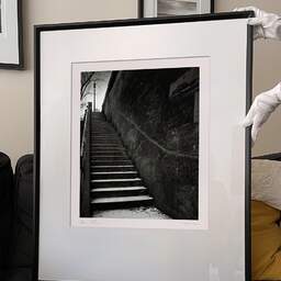 Art and collection photography Denis Olivier, Quay Stairs, Etude 2, Port Debilly, Paris, France. February 2022. Ref-11664 - Denis Olivier Photography, large original 9 x 9 inches fine-art photograph print in limited edition and signed hold by a galerist woman