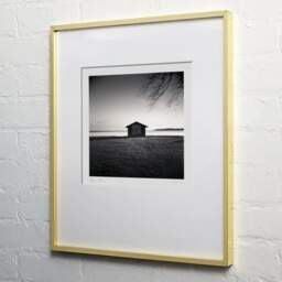 Art and collection photography Denis Olivier, Shed By The Lake, Etude 1, Carreyre, Lacanau Lake, France. January 2021. Ref-1408 - Denis Olivier Photography, light wood frame on white wall