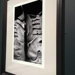 Art and collection photography Denis Olivier, Shoes, Poitiers, France. December 1990. Ref-94 - Denis Olivier Photography, brown wood old frame on dark gray background