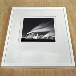 Art and collection photography Denis Olivier, Smurfit Factory, Etude 9, Facture, France. April 2005. Ref-11540 - Denis Olivier Photography, white frame on a wooden table