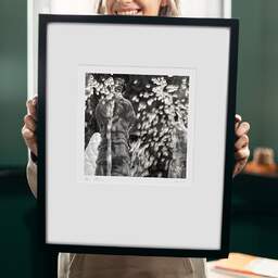 Art and collection photography Denis Olivier, Sparkling Fountain, Dali's Garden, Cadaqués, Spain. September 2003. Ref-459 - Denis Olivier Photography, original 9 x 9 inches fine-art photograph print in limited edition and signed hold by a galerist woman