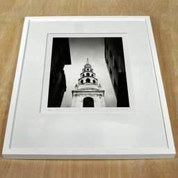 Art and collection photography Denis Olivier, St Bride's Church, London, England. August 2022. Ref-11659 - Denis Olivier Photography, white frame on a wooden table