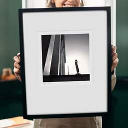 Art and collection photography Denis Olivier, Statue And Eiffel Tower, Trocadero, Paris, France. February 2022. Ref-11531 - Denis Olivier Art Photography, original 9 x 9 inches fine-art photograph print in limited edition and signed hold by a galerist woman