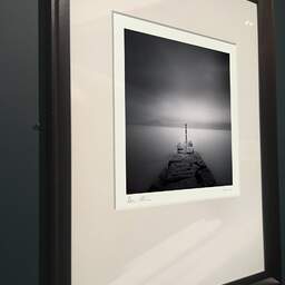 Art and collection photography Denis Olivier, Striped Pole, Etude 1, Lake Maggiore, Switzerland. August 2014. Ref-11441 - Denis Olivier Photography, brown wood old frame on dark gray background