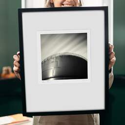 Art and collection photography Denis Olivier, Strorage Tank, Bassens Harbour, France. August 2006. Ref-1017 - Denis Olivier Art Photography, original 9 x 9 inches fine-art photograph print in limited edition and signed hold by a galerist woman