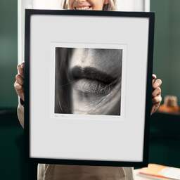 Art and collection photography Denis Olivier, Sweet On Her Lips, Bordeaux, France. April 2005. Ref-580 - Denis Olivier Photography, original 9 x 9 inches fine-art photograph print in limited edition and signed hold by a galerist woman