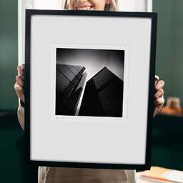 Art and collection photography Denis Olivier, The Leadenhall & Aviva Buildings, The City, London, England. April 2014. Ref-1370 - Denis Olivier Photography, original 9 x 9 inches fine-art photograph print in limited edition and signed hold by a galerist woman