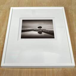 Art and collection photography Denis Olivier, Trees On Pier, Etude 2, Lake Maggiore, Italy. August 2014. Ref-11608 - Denis Olivier Art Photography, white frame on a wooden table