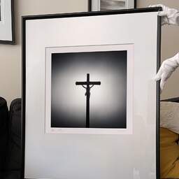 Art and collection photography Denis Olivier, Trémelu Calvary, La Madeleine, France. August 2020. Ref-1414 - Denis Olivier Photography, large original 9 x 9 inches fine-art photograph print in limited edition and signed hold by a galerist woman