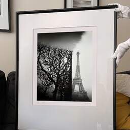 Art and collection photography Denis Olivier, Trimmed Trees, Champ De Mars, Paris, France. February 2022. Ref-11661 - Denis Olivier Photography, large original 9 x 9 inches fine-art photograph print in limited edition and signed hold by a galerist woman
