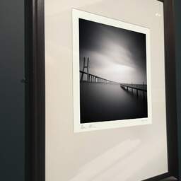 Art and collection photography Denis Olivier, Vasco Da Gama Bridge And Pier, Lisbon, Portugal. May 2007. Ref-1078 - Denis Olivier Photography, brown wood old frame on dark gray background