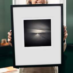 Art and collection photography Denis Olivier, Wooden Pier, Karlskrona, Sweden. October 2008. Ref-1198 - Denis Olivier Photography, original 9 x 9 inches fine-art photograph print in limited edition and signed hold by a galerist woman